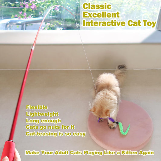 Interactive Cat Toys - Retractable Wand Toy and Feather Toys Refills for Indoor Cats to Chase and Exercise